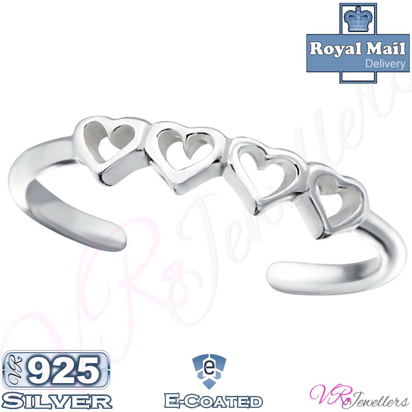 925 Heart Toe Ring Solid Sterling Silver Thin Band Hearts Toe Ring Adjustable