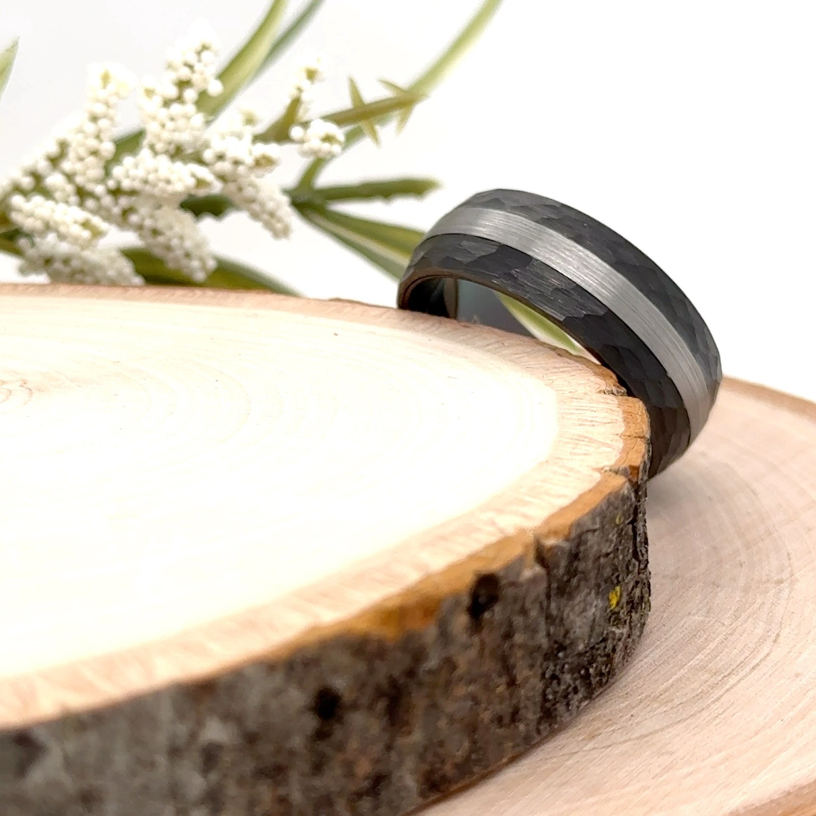 Christmas Gifts Women Band 8mm Black Faceted Tungsten Ring Silver Brushed Finish