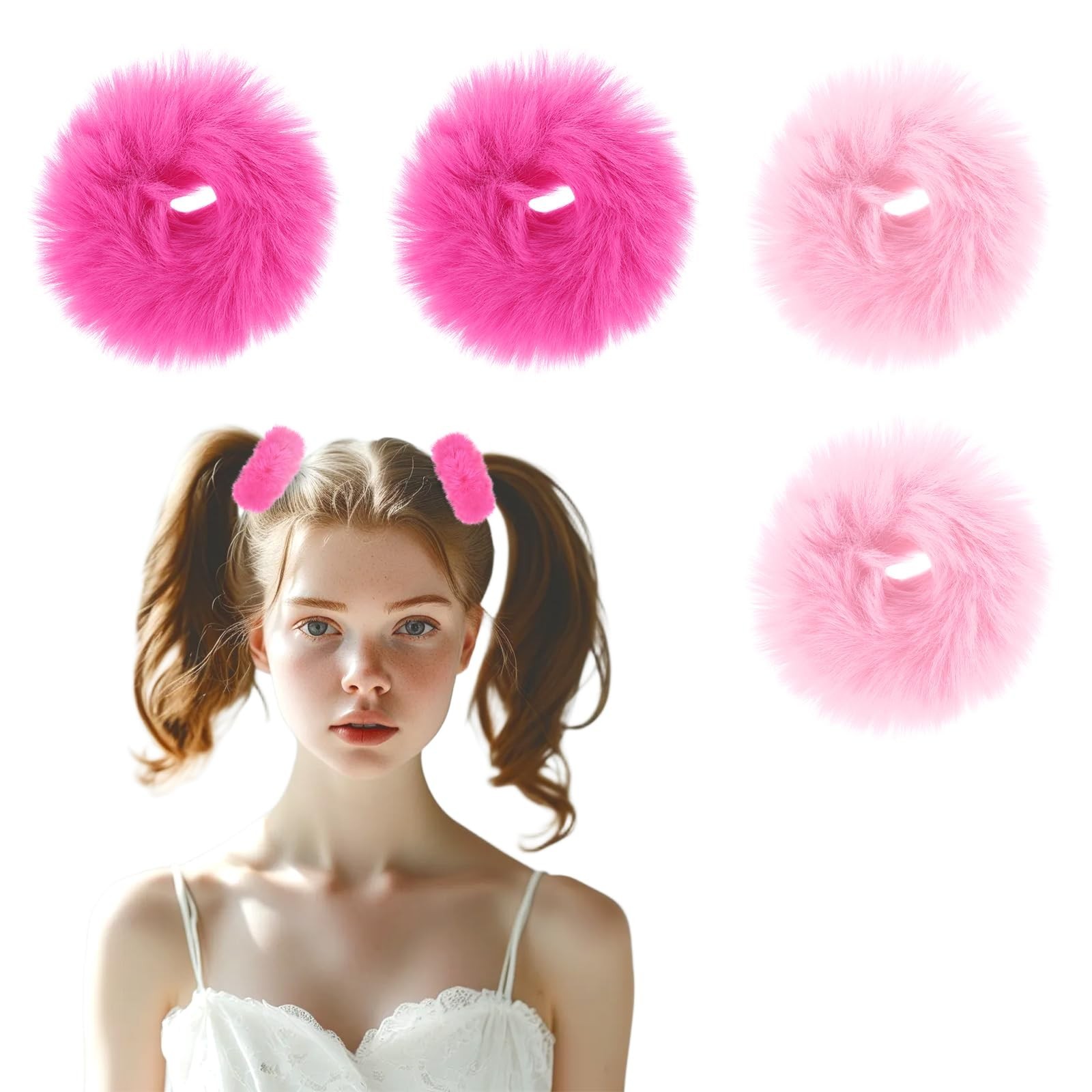 2 Pcs Pink Fuzzy Hair Ties, Hot Pink Scrunchie Pink Hair Ties With Balls, Flu...