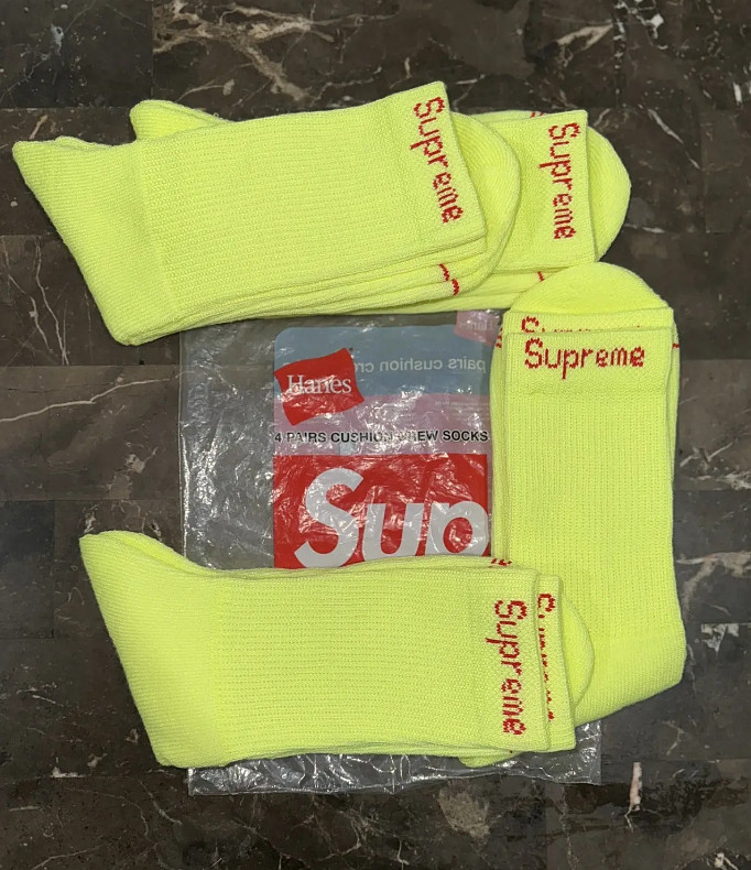 BEST SALE - Supreme x Hanes Neon Yellow Crew Socks 4-Pack Size 6-12 New Sealed