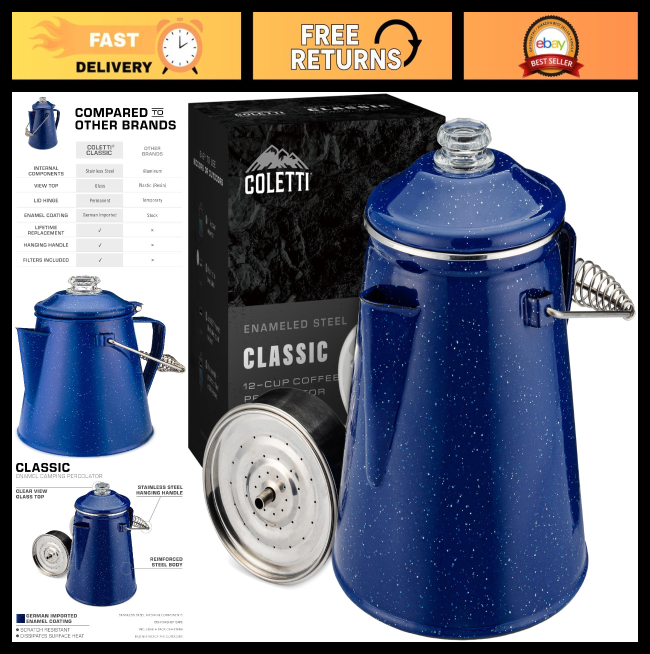 Classic Enamel Camping Coffee Pot - 12 Cup Percolator, Nostalgic & Modern Design