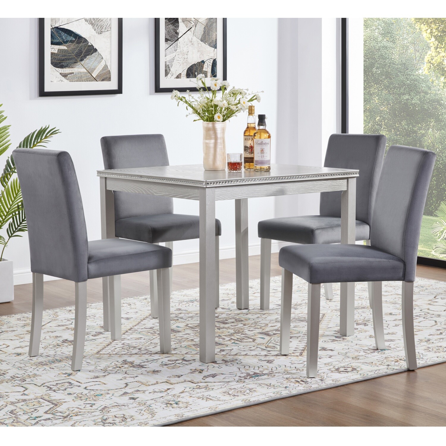 5 Piece Dining Table Set Wooden Square Dining Table and 4 Chair for Dining Room