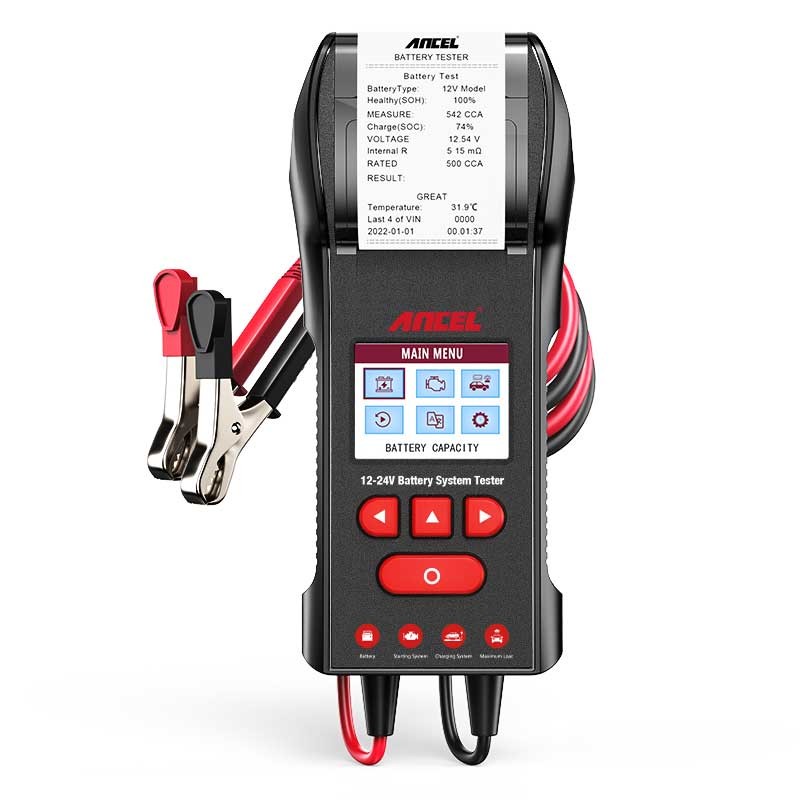 ANCEL BST600 Car Battery Tester with Printer - 12V/24V, 100-2000 CCA, Black