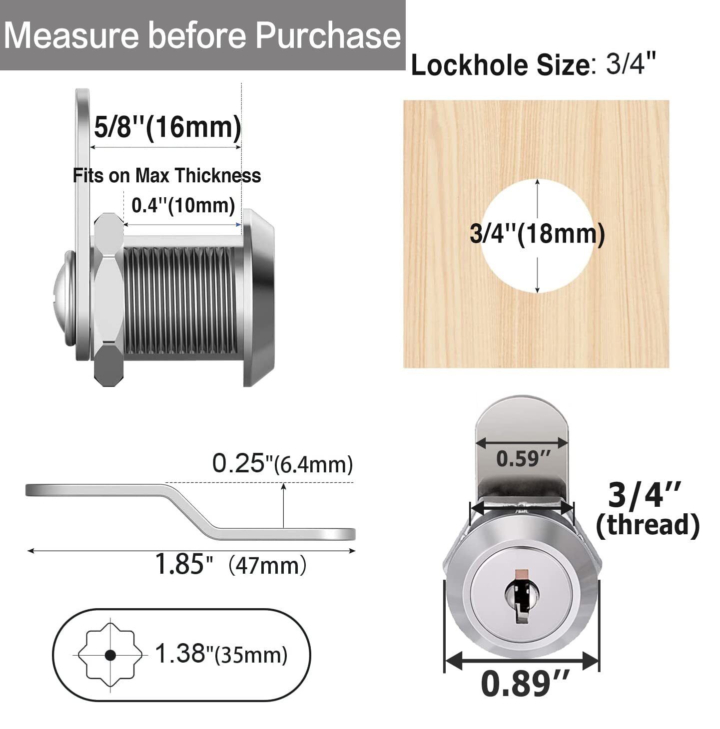Cam Lock RV Storage Locks Keyed Alike, 5/8" Fits 3/8" Max Door Thickness