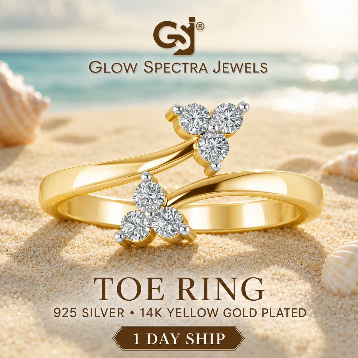 0.12 Ct Round Simulated Diamond Bypass Women's Toe Ring 14k Yellow Gold Plated