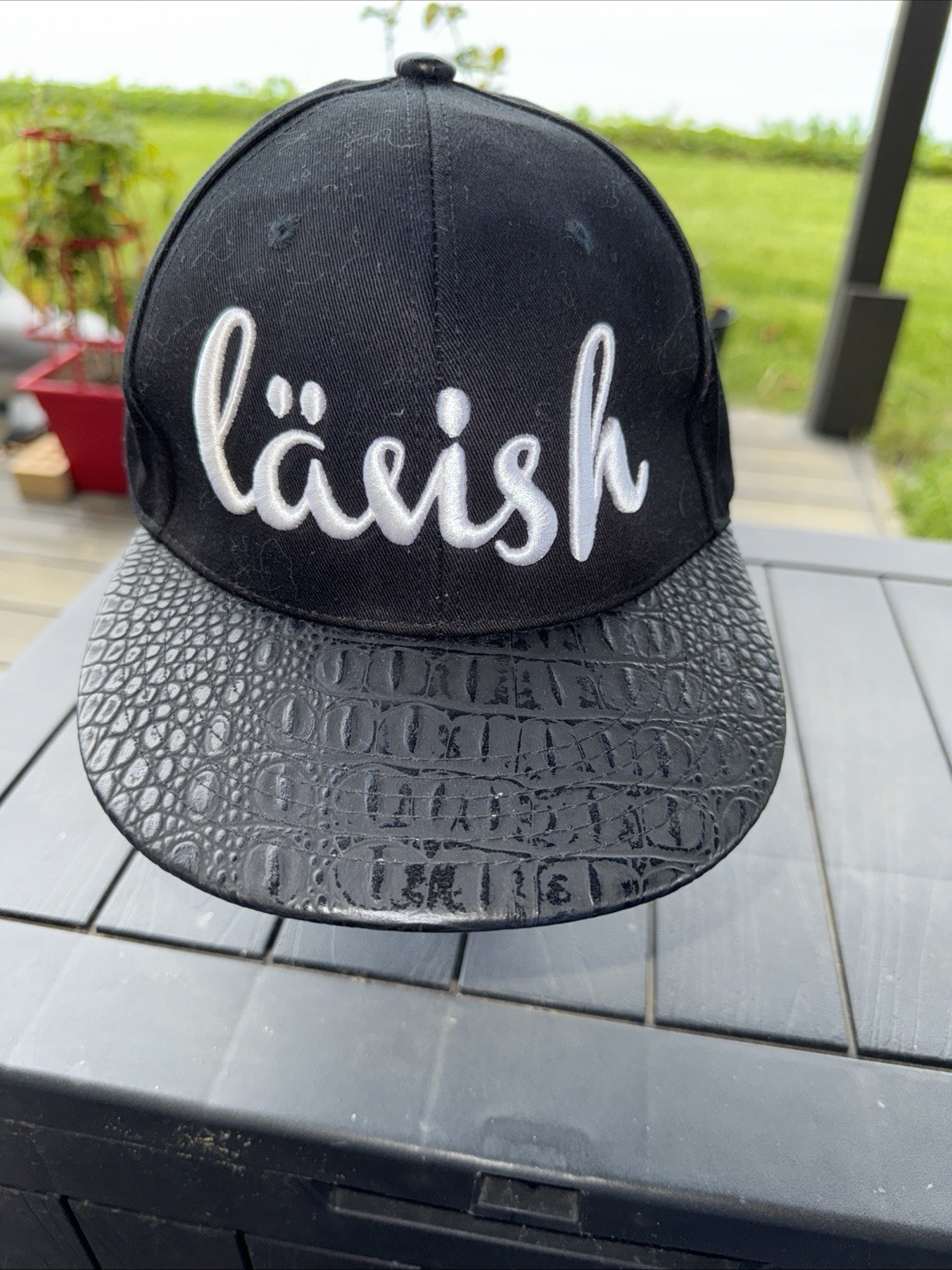 Lavish in white on Black Hat Cap  Faux Leather Bill Strap w Buckle LOGA Brand