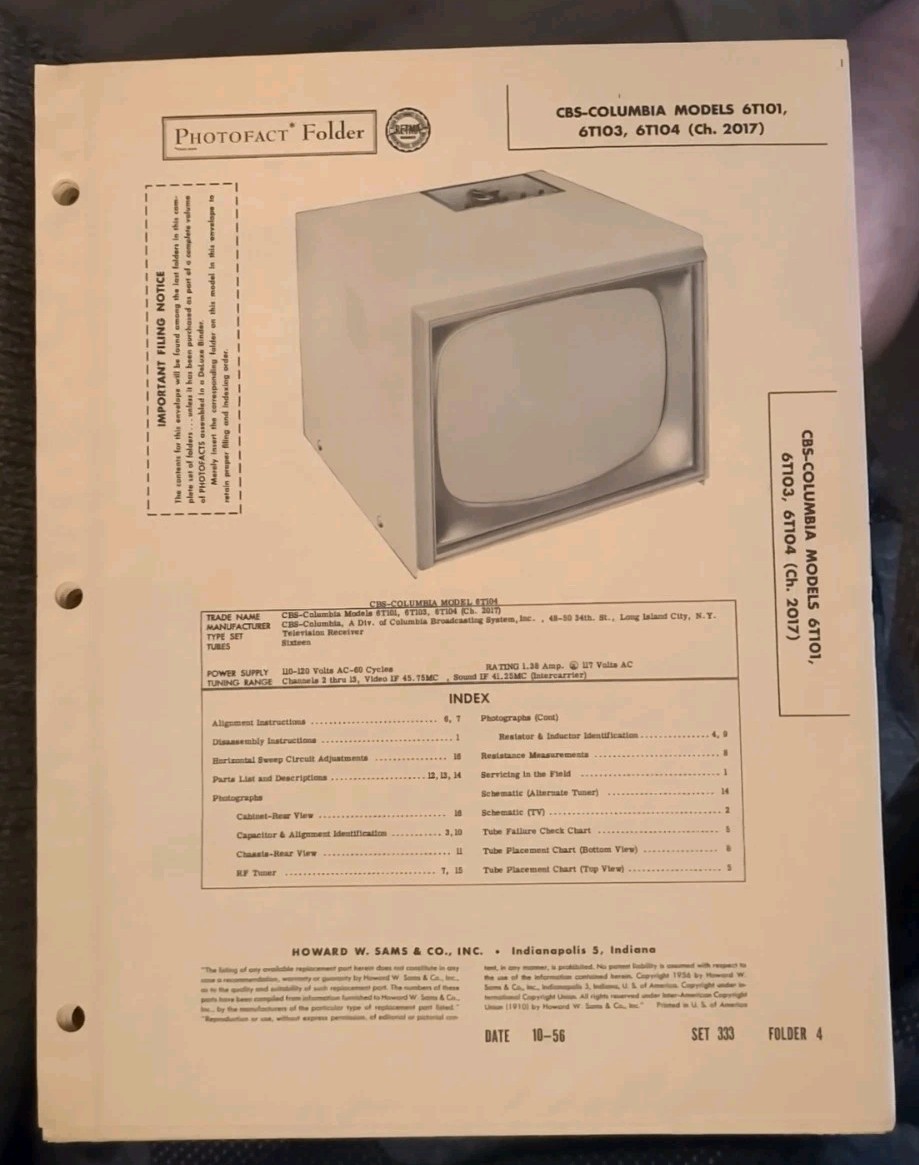 Original 1956 SAMS PHOTOFACT 333-4 CBS-Columbia Models 6T101,6T103,6T104 TV