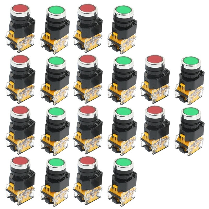 20Pcs 22mm Mount 10A 380V DPST Red Green Momentary Push Button Switch S9R3-
