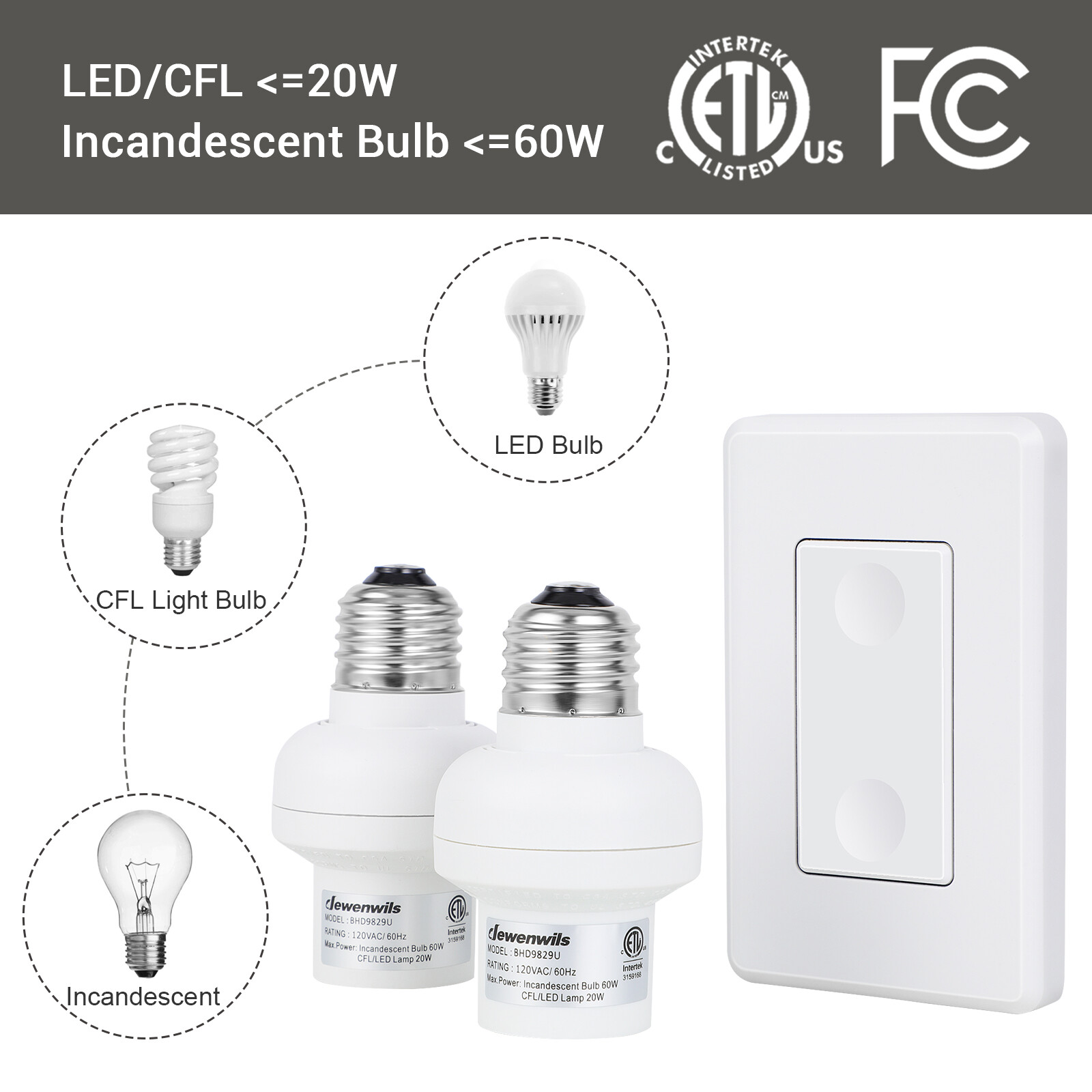DEWENWILS Remote Control Light Socket Wall Mounted Wireless Light Switch White
