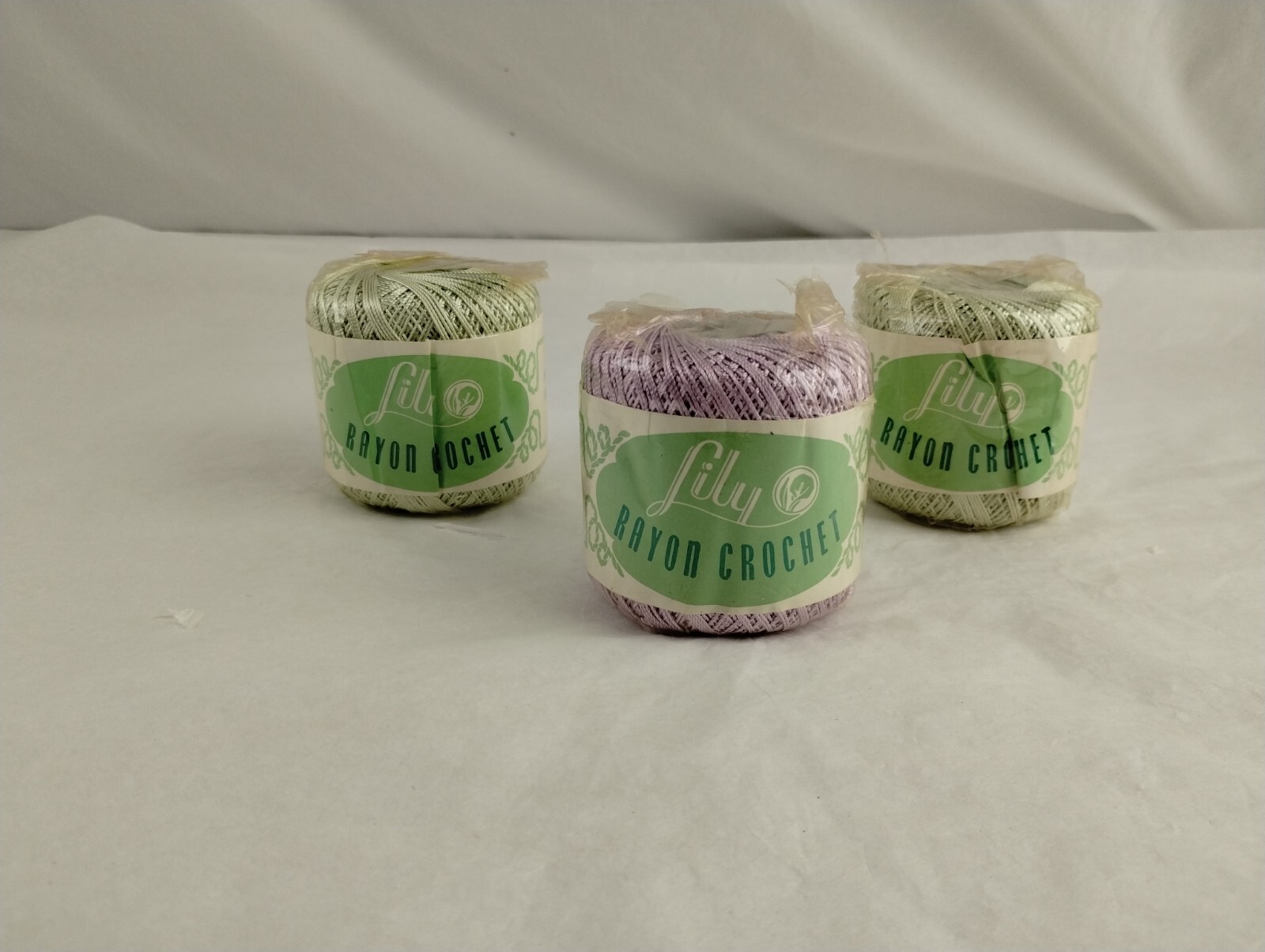 Vintage LILY MILLS Rayon Crochet 125 Yards Each Purple & Green - Lot of 3