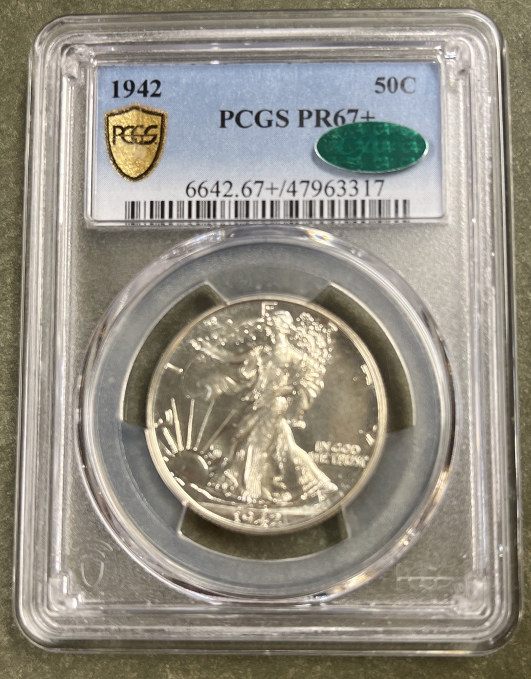 1942 Walking Liberty Half Dollar 50c PCGS PR67+ CAC BRIGHT