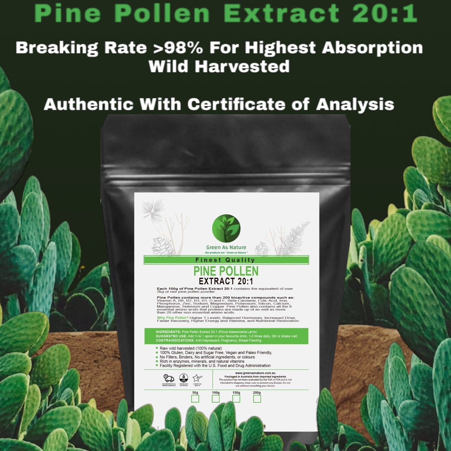 Pine Pollen 20:1 Extract Powder - Wild Harvested - 10g/50g/100g/150g/200g/250g