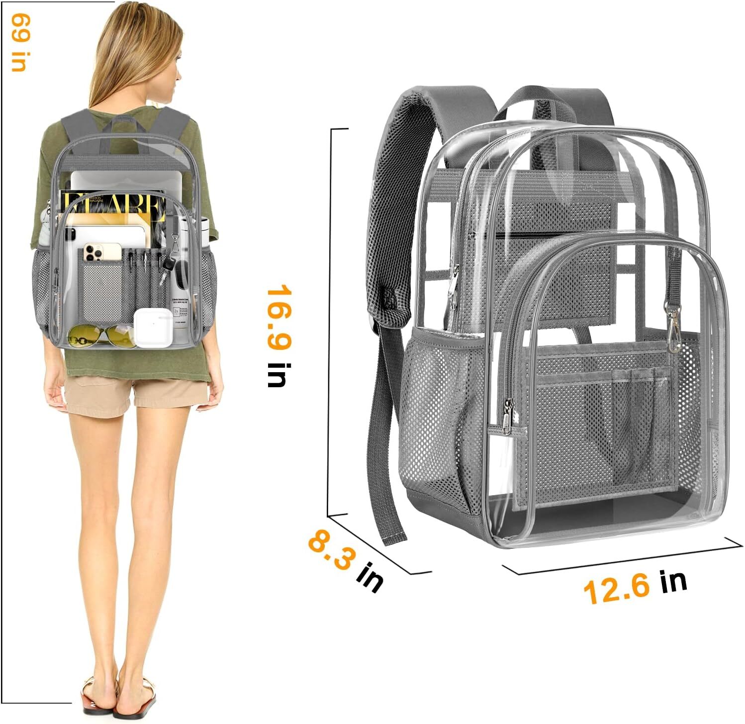 PAMANO Clear Backpack, Heavy Duty Transparent Backpack with Reinforced Grey