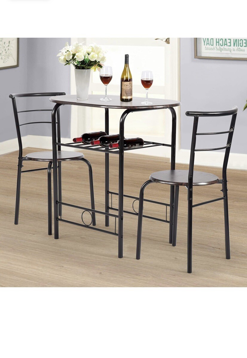 3-piece Round Table And Chair Set For Kitchen Compact Space Metal Frame