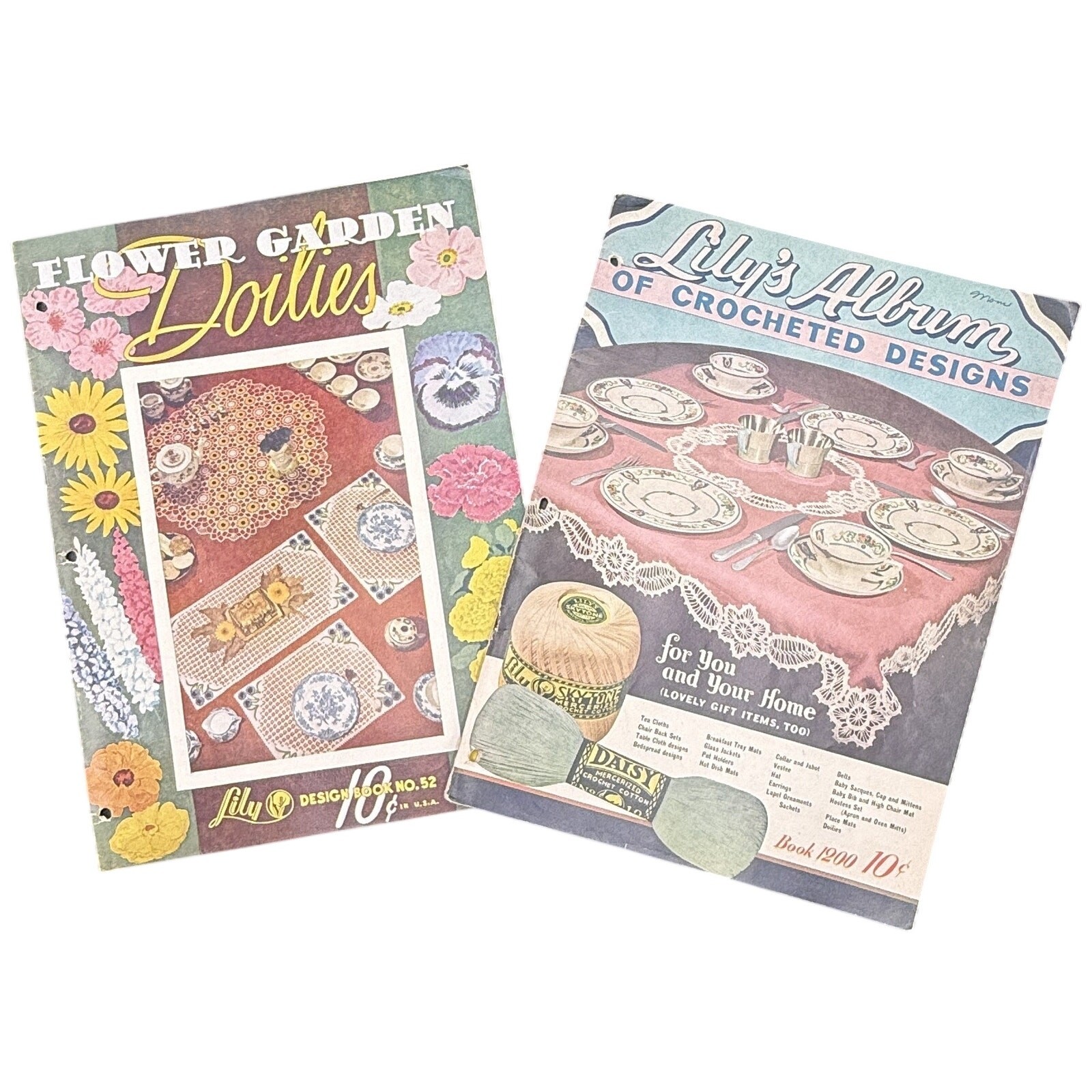 🌼Vintage Lily Mills Crochet Pattern Books Lot 2 Flower Garden Doilies Album Set
