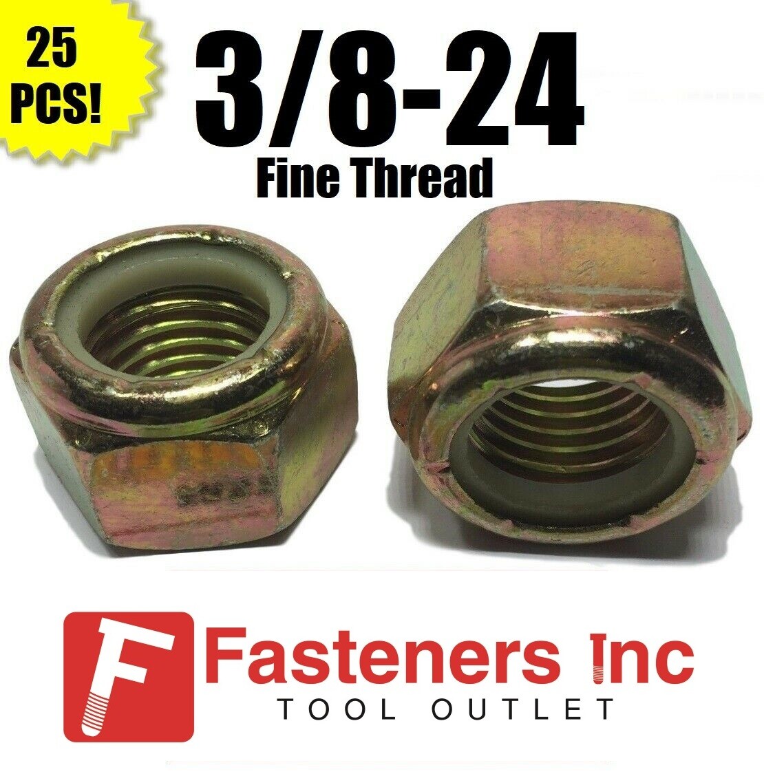 (Qty 25) 3/8-24 Fine Grade 8 Nylon Insert Lock Nuts Nylock Yellow Zinc Plated