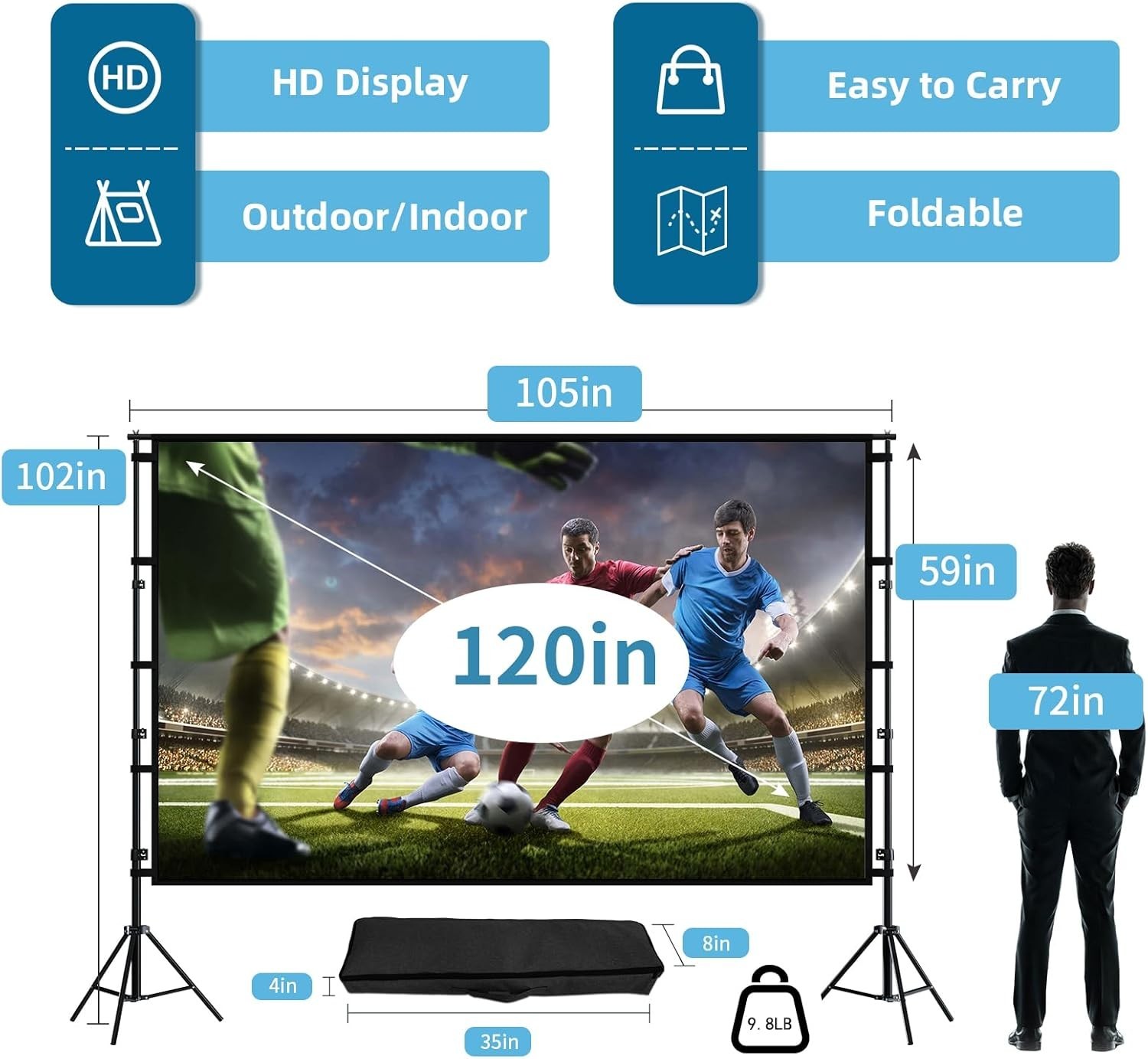 Portable 120 Inch Projector Screen w/ Stand 4K UHD 16:9 HD Wrinkle-Free Cinema