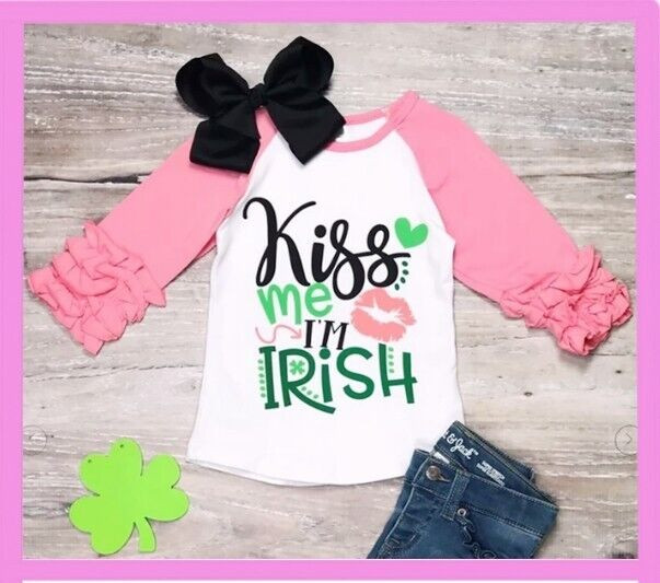NWOT TODDLER GIRLS 'KISS ME I'M IRISH' ST. PATRICK'S DAY RUFFLED RAGLAN - 2T &3T