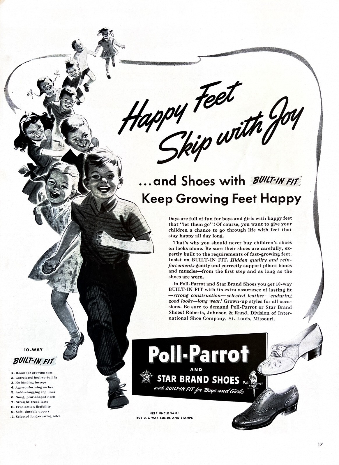 1943 POLL PARROT SHOES Genuine Vintage Print Ad Kids Boys and Girls