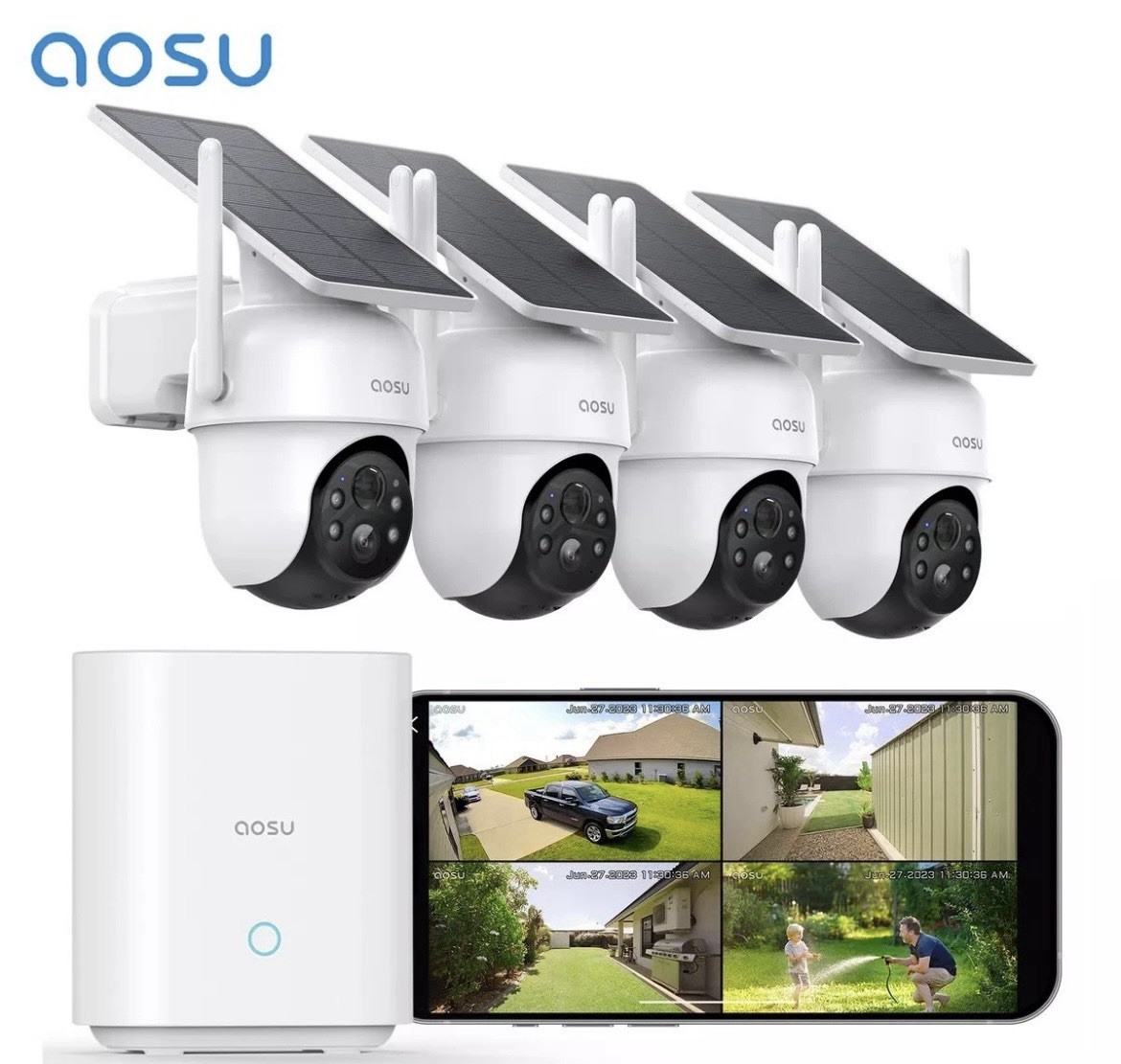 AOSU Solar Security Cameras Outdoor Wireless,4 Cam-Kit,2K Color Night Vision