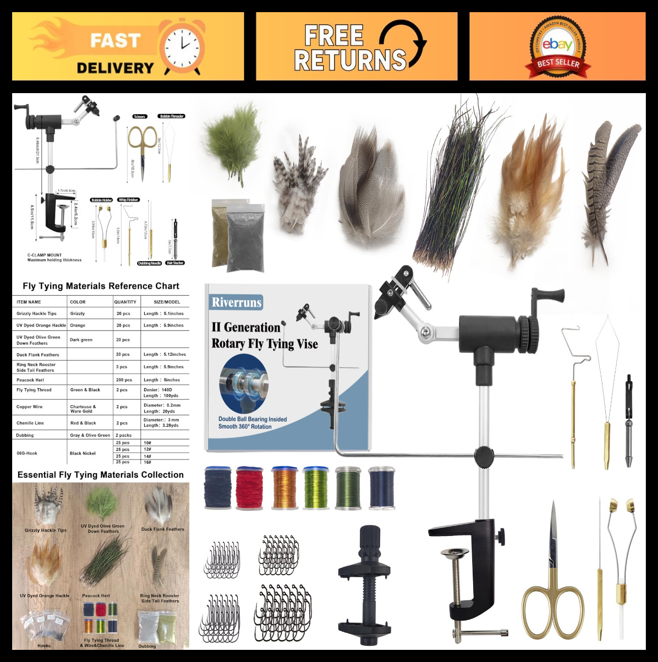 Rotary Fly Tying Vise Kit - Complete Tools & Materials for Professional Flies