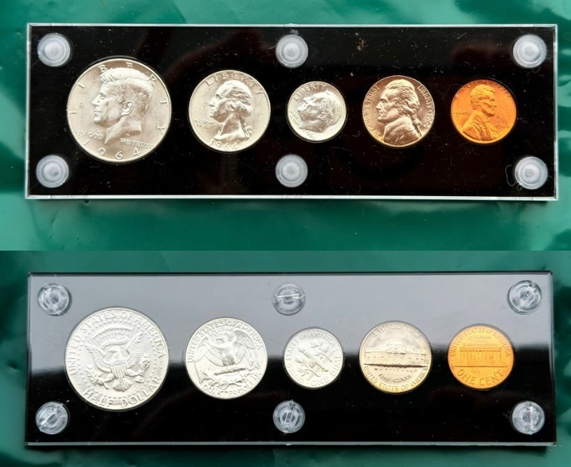 1964 Denver US Mint 5 Coin Set in Black Plastic Capitol Holder Uncirculated