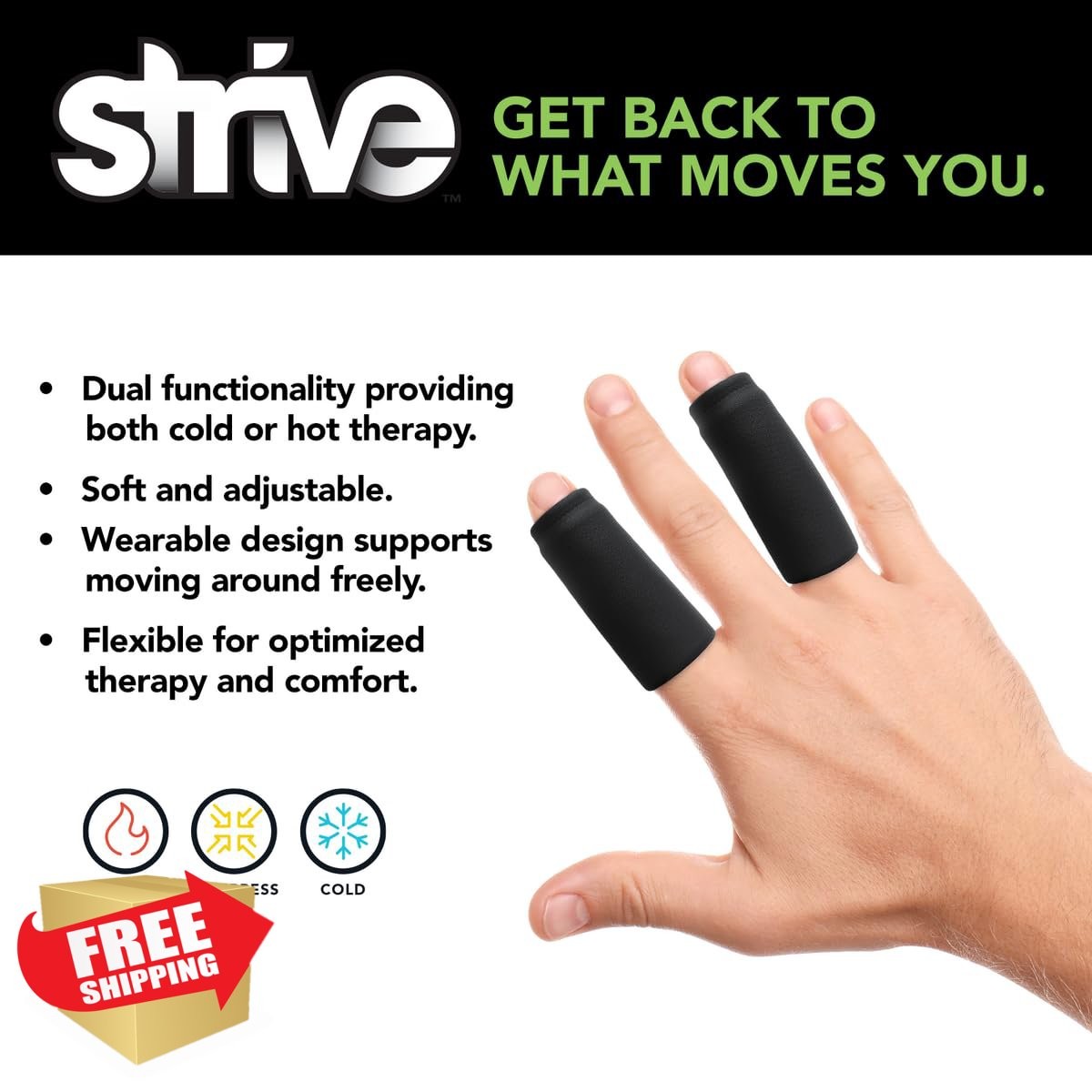 Strive Finger Sleeve Ice Pack Wrap Hot Cold Therapy 2-Pack Black