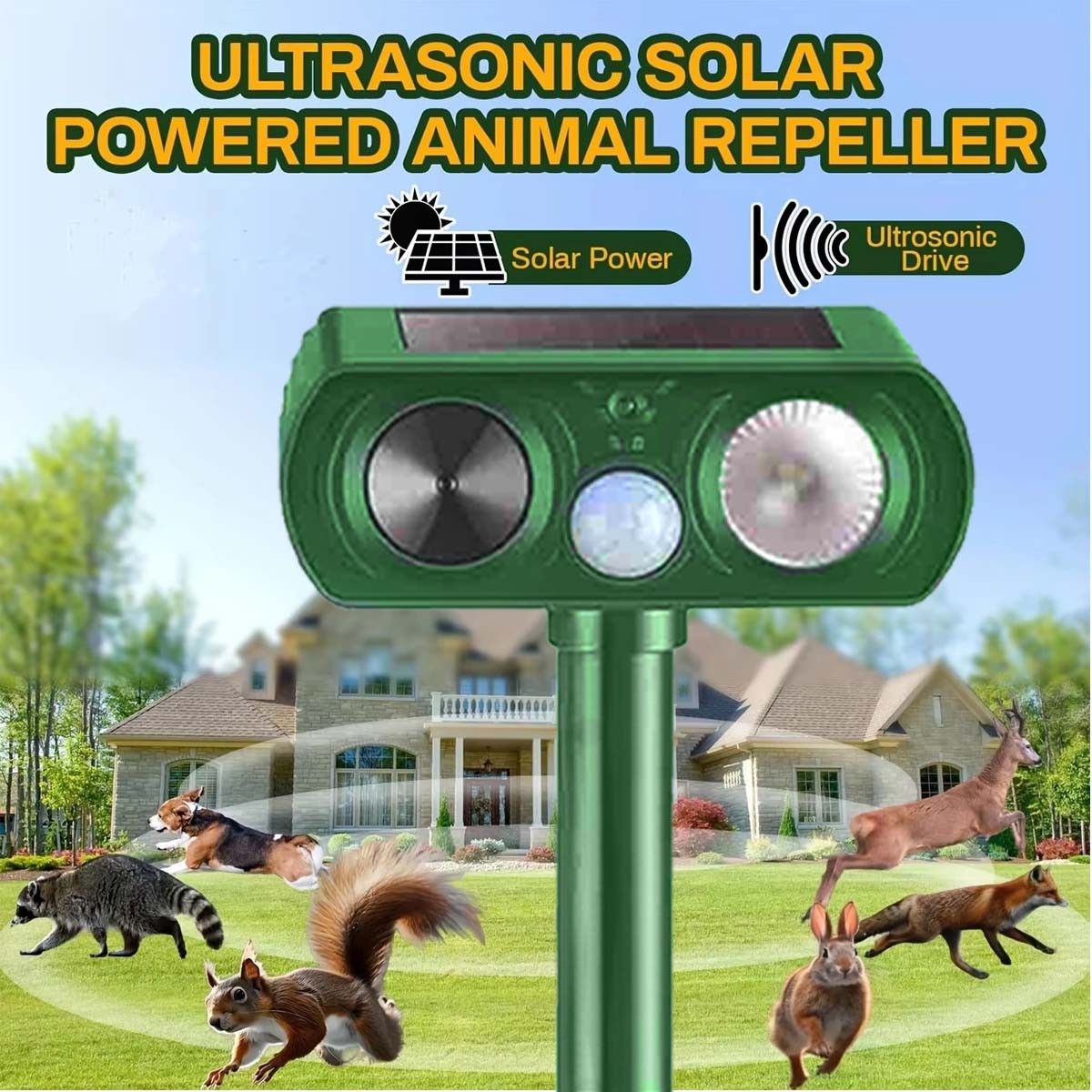 Solar Ultrasonic Animal Repellent Dog Cat Skunk Deer Raccoon For Garden Farm