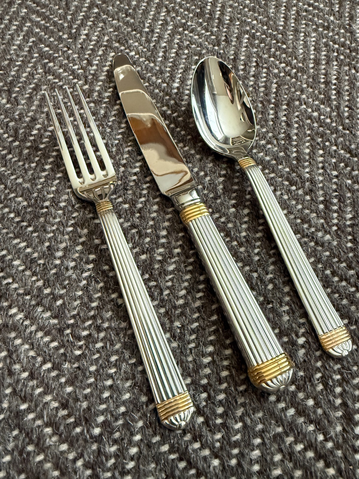 Dior Gaudron Vintage Stainless Gold 3 Pc Dinner Place Setting Knife Fork Spoon