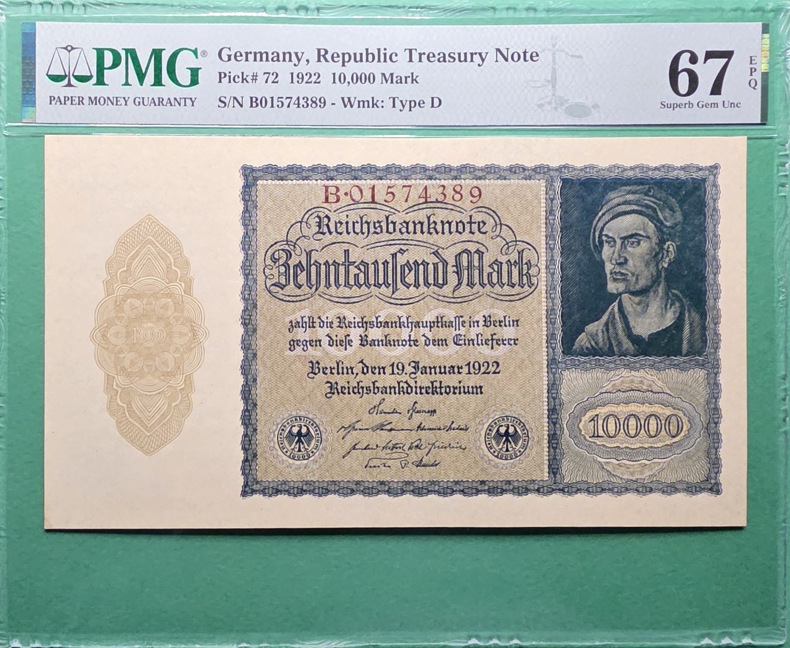 1922 GERMANY REICHSBANKNOTE 10,000 MARK P# 72 TYPE D PMG 67 EPQ SUPERB GEM UNC