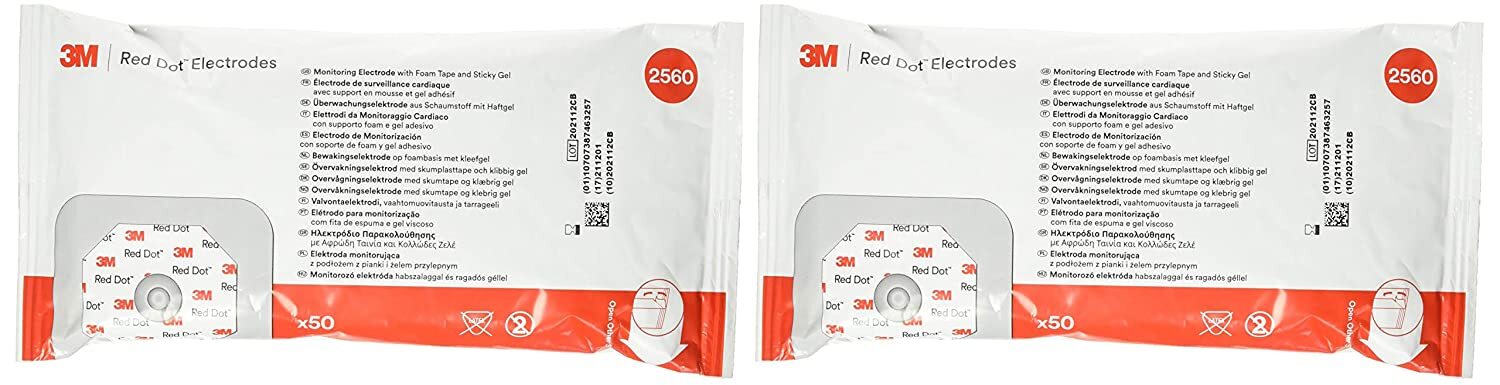 3M 2560 Red Dot Monitoring Electrode Foam Tape & Sticky Gel Pack of 2 Bags of 50