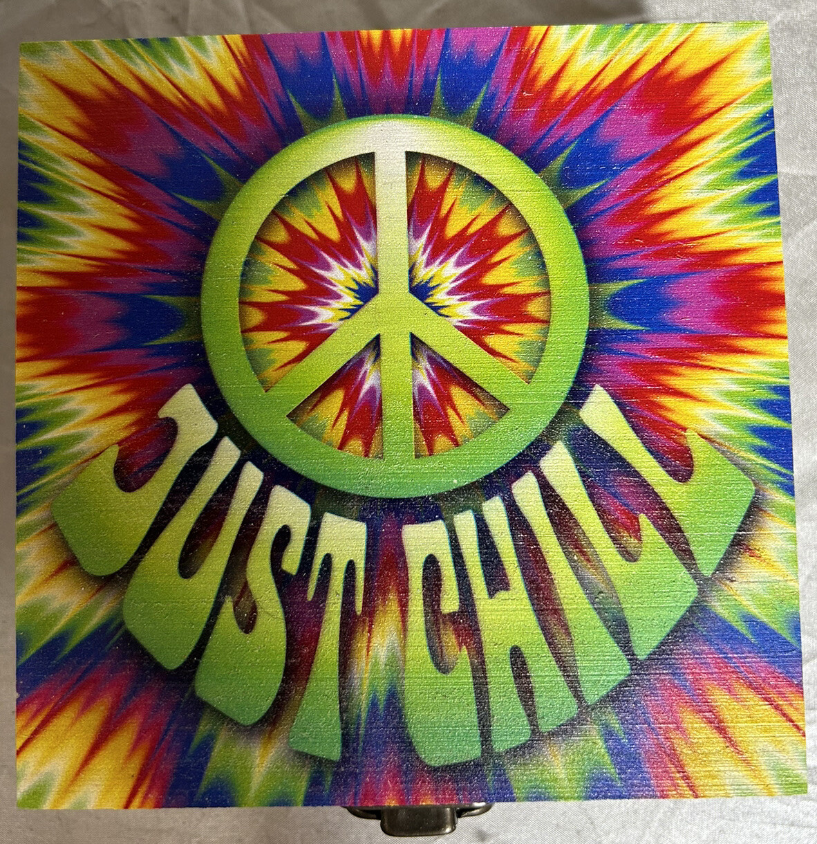 Tie Dye Just Chill Decorative Lid Metal Latch Wood Bamboo Stash Box 4.75X4.75X2”