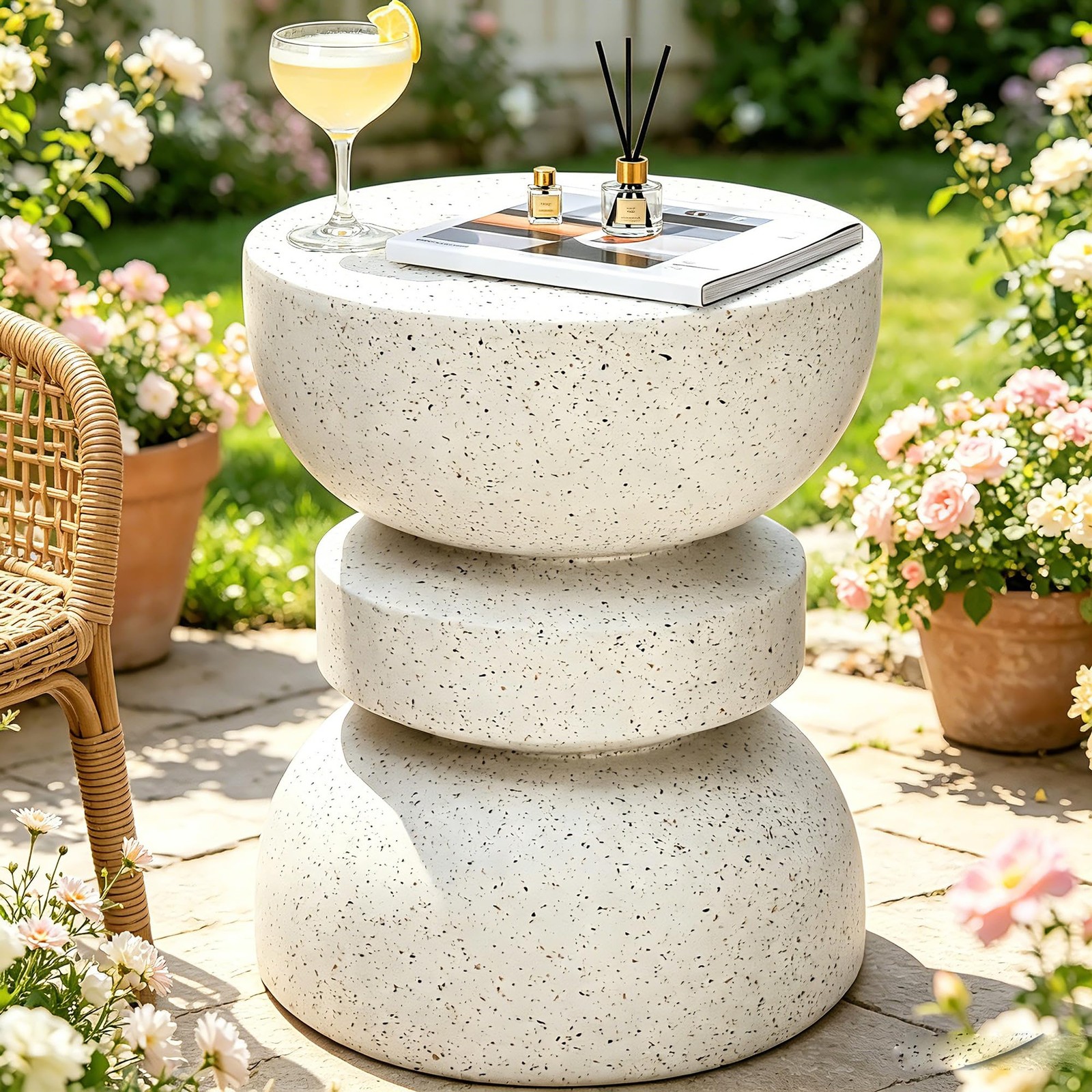 New Best 18" Outdoor Side Table Modern Hourglass Garden Stool in Painted Faux