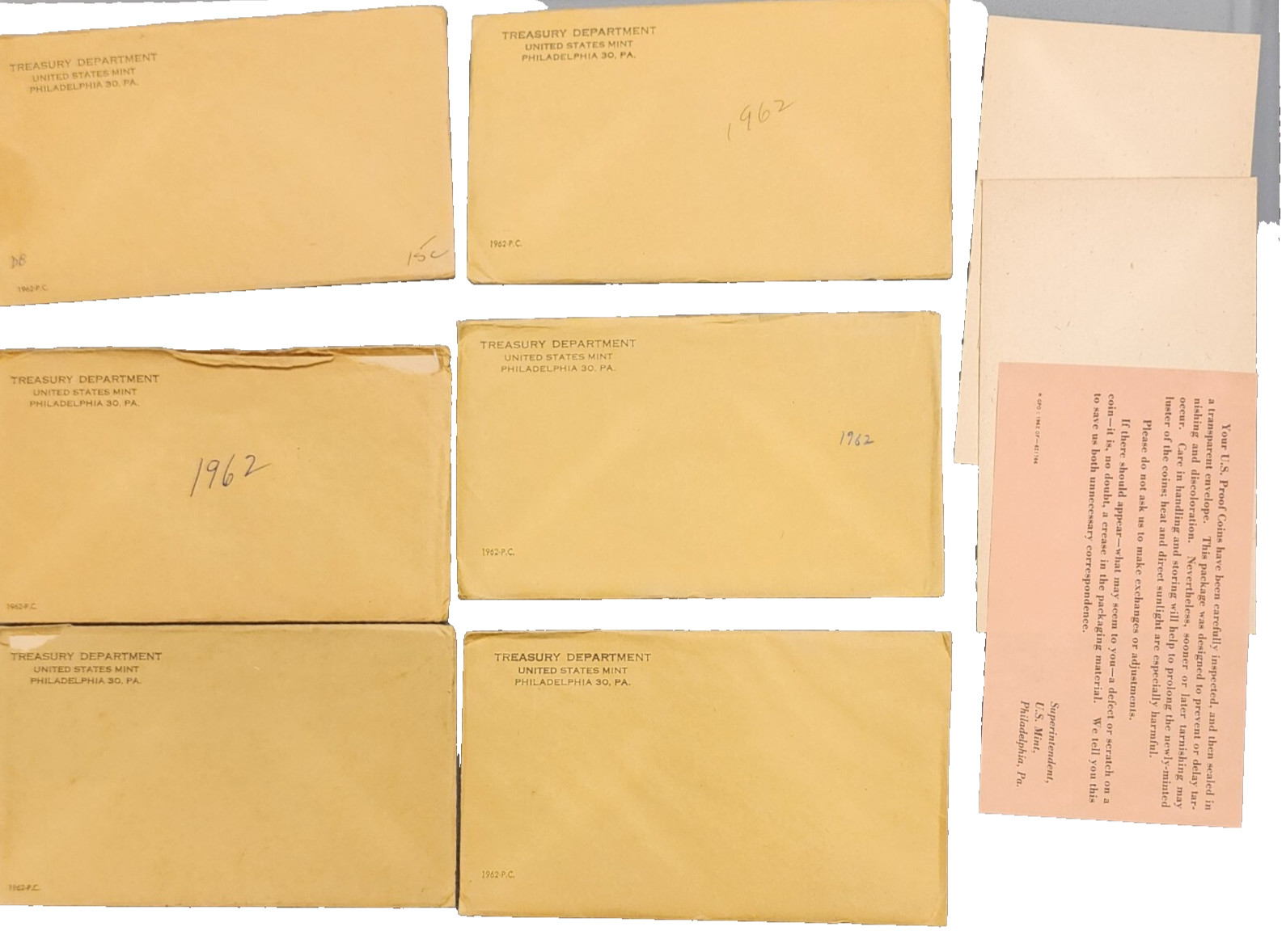 1961 Proof Set Envelope, COA & cardboard Inserts. Issued by US Mint. (NO COINS)