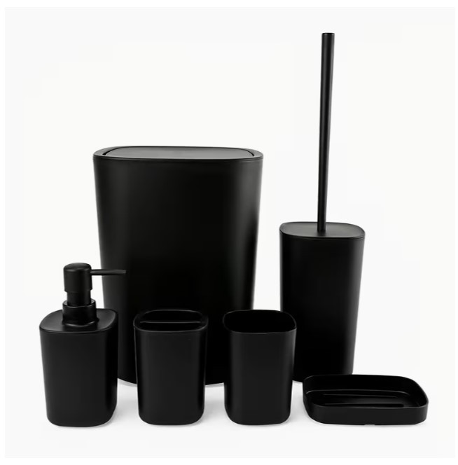 6‑Piece Black Bathroom Accessories Set – Soap Dispenser, Trash Can & Toilet Brus