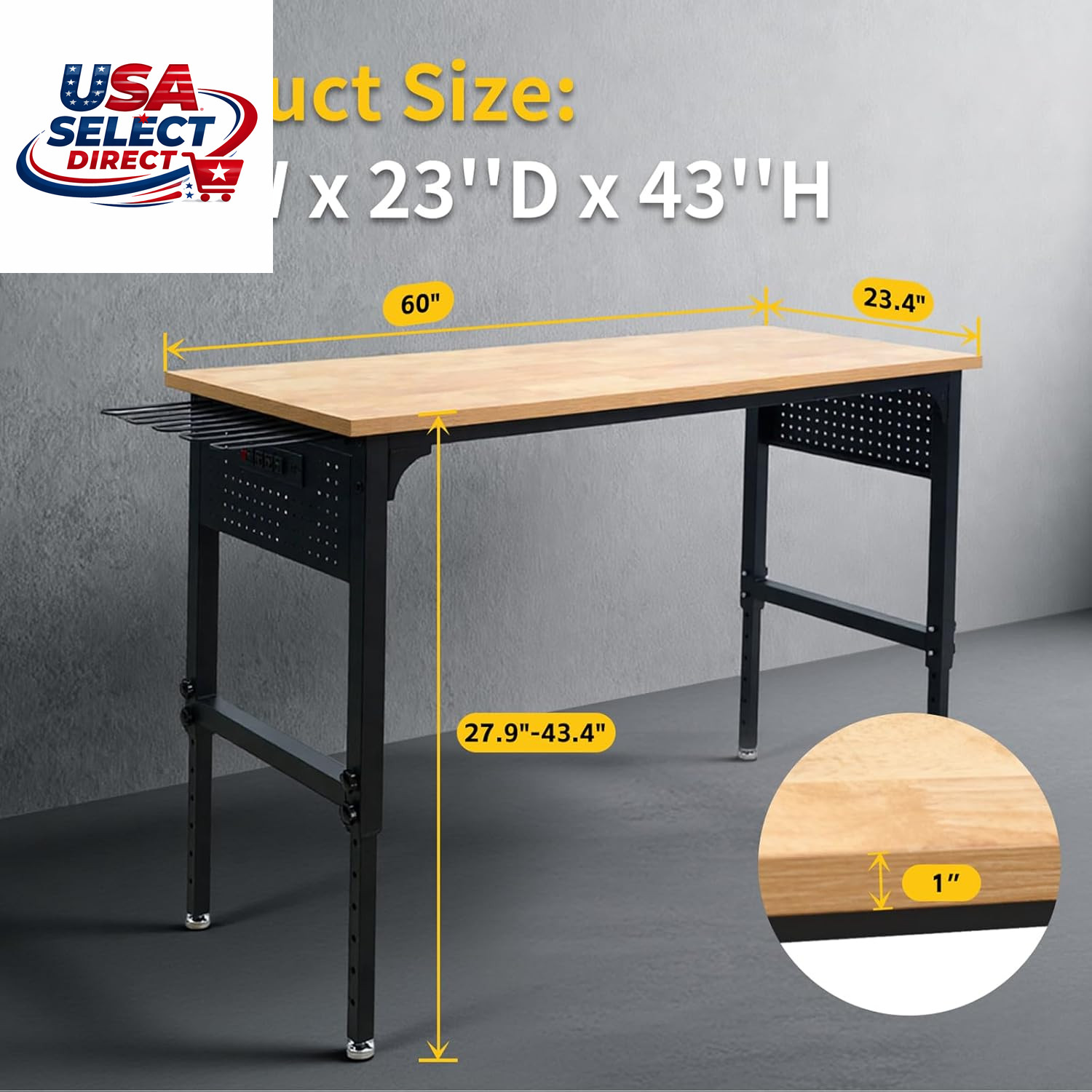 60" Heavy-Duty Garage Workbench, 2300LBS Capacity Work Table with Power Strip, W