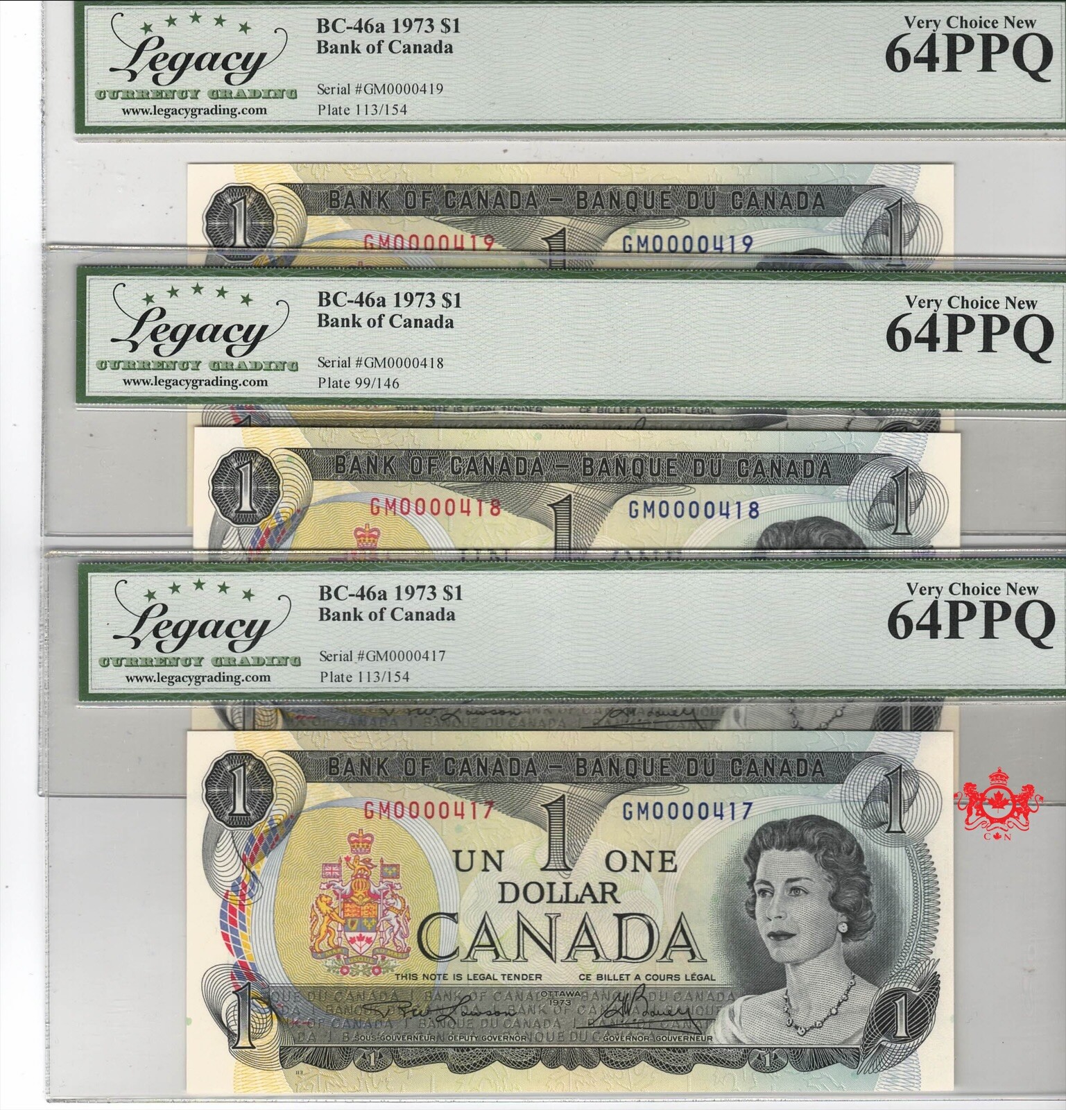 1973 Bank Of Canada 1$ Consecutive Low Serial Number Serie - Legacy UNC64PPQ -