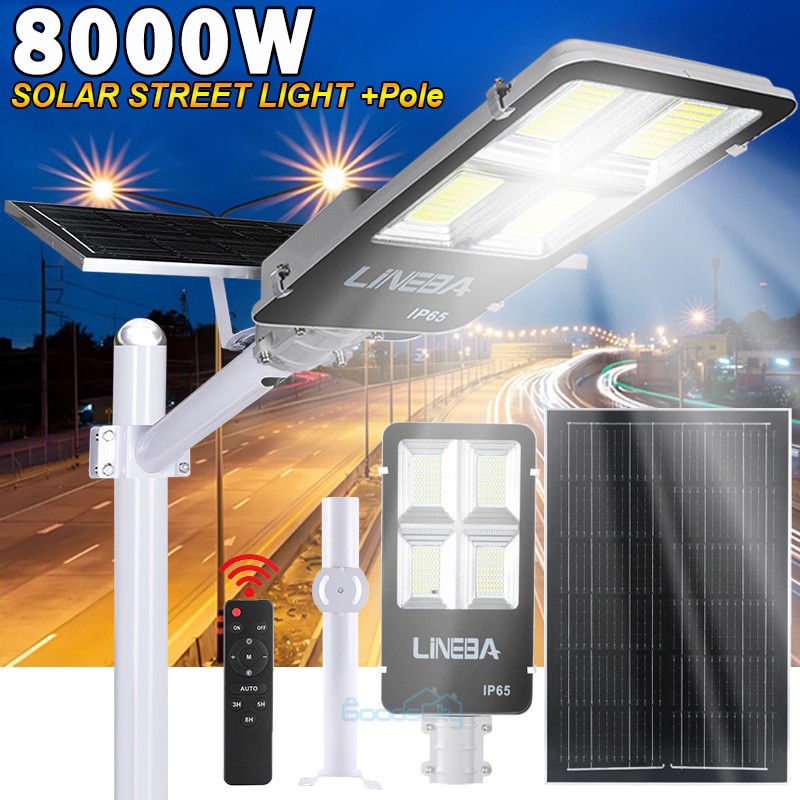 8000W LED Solar Street Light Commercial Outdoor Dusk to Dawn Road Lamp +Pole