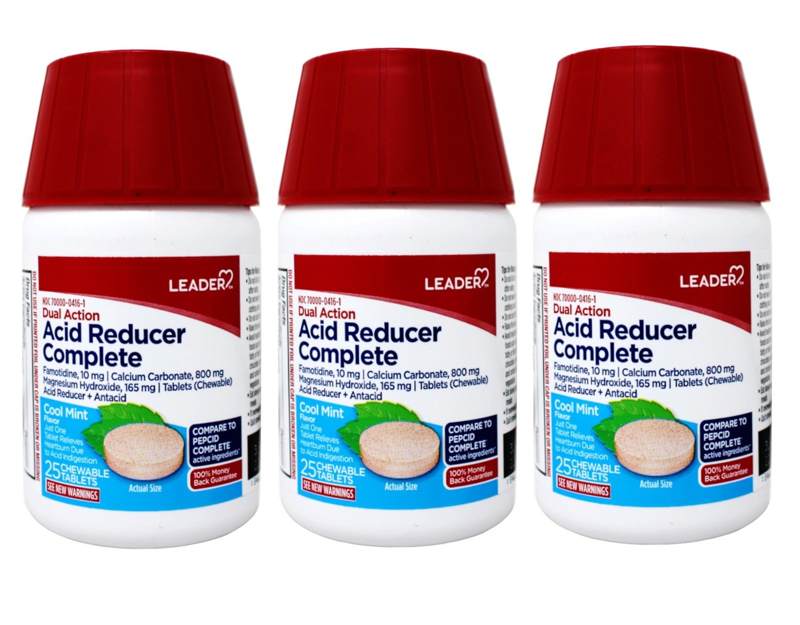 Leader Dual Action Acid Reducer + Antacid Chewable Tablets Mint, 25 Count 3 Pack