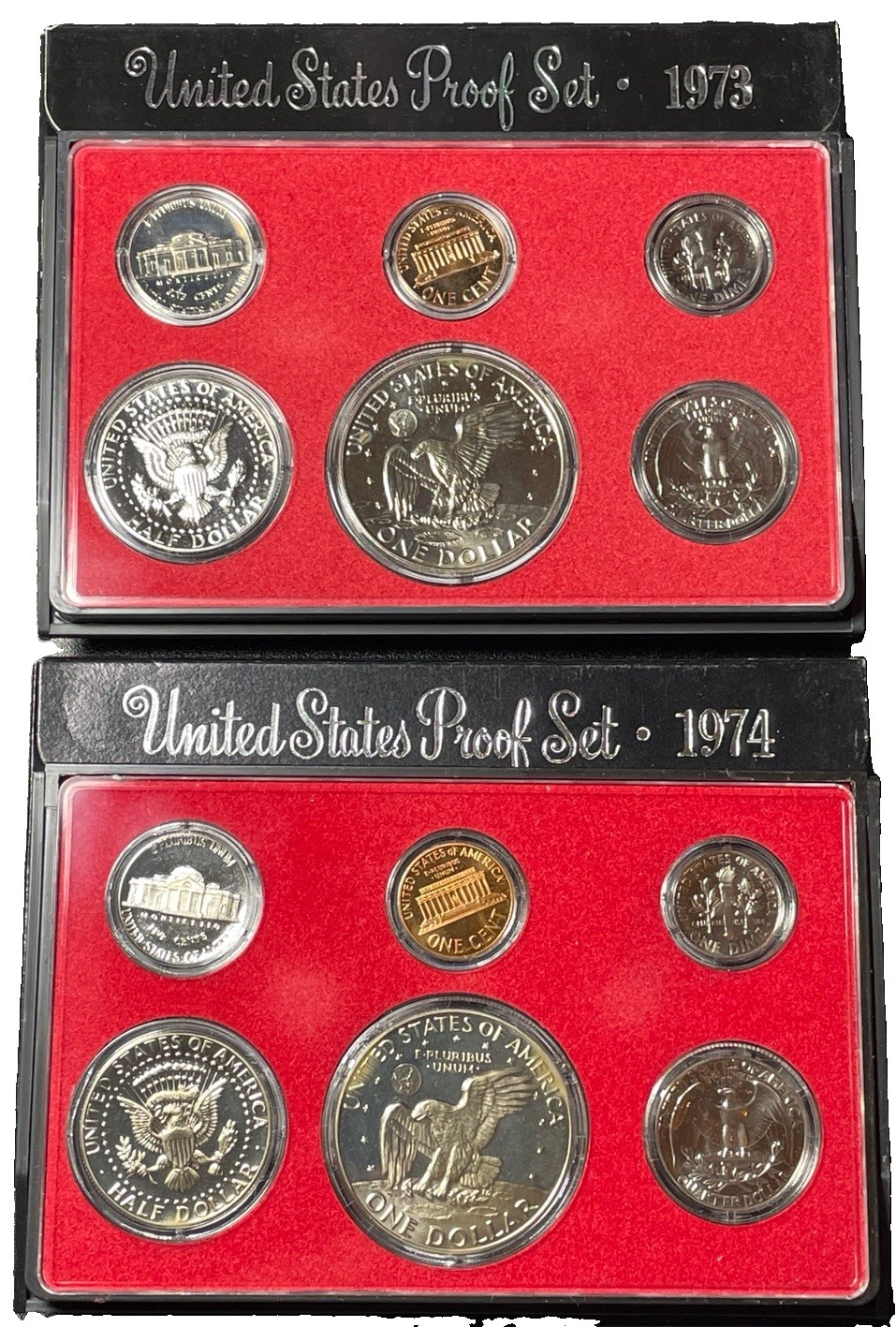1973 & 1974 United States Proof Set Lot (OGP) – 12 Proof Coins W/ Box & Cases