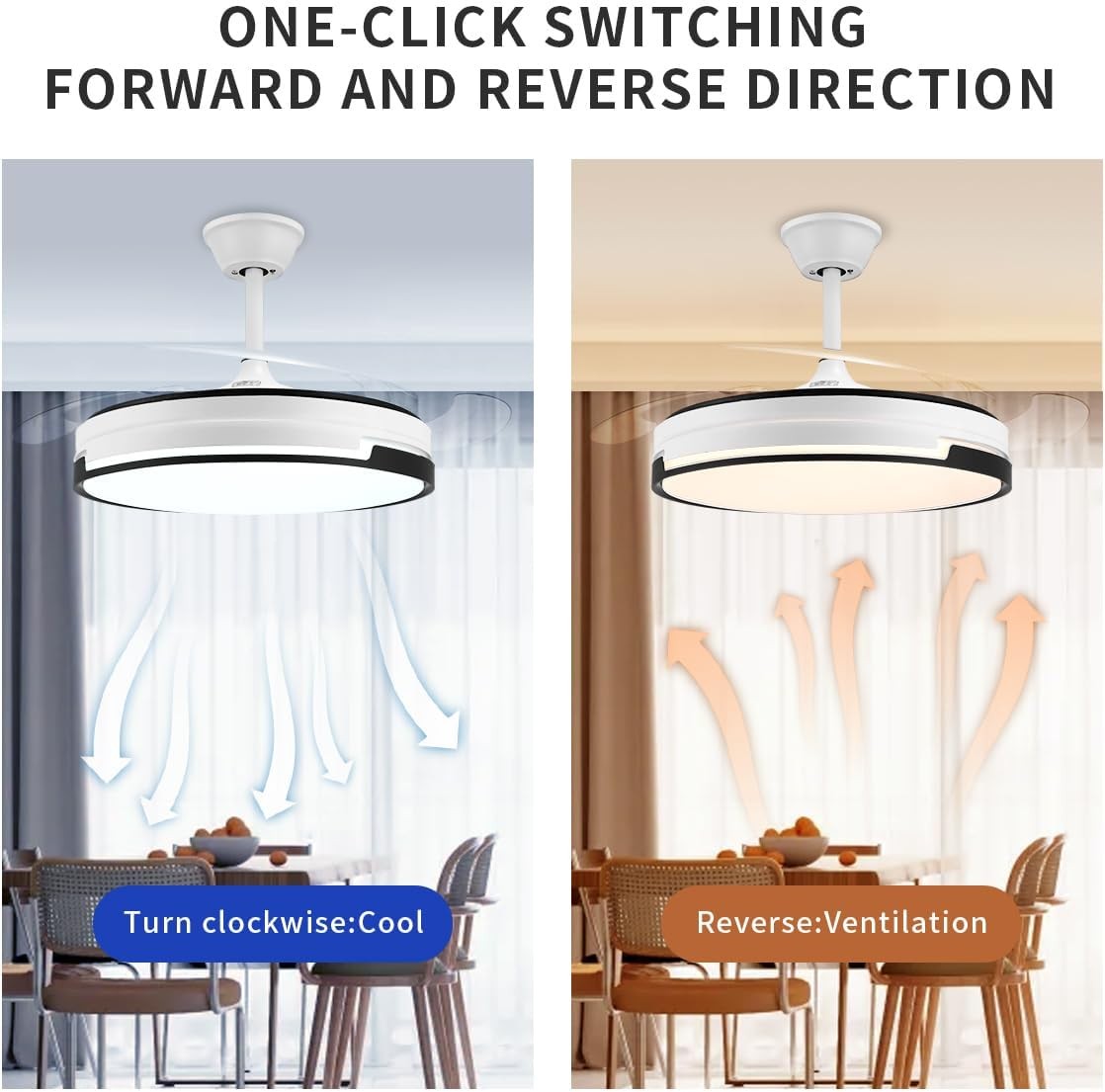 42" Smart Retractable Ceiling Fan Light with 3-Color Light & Remote, App Control