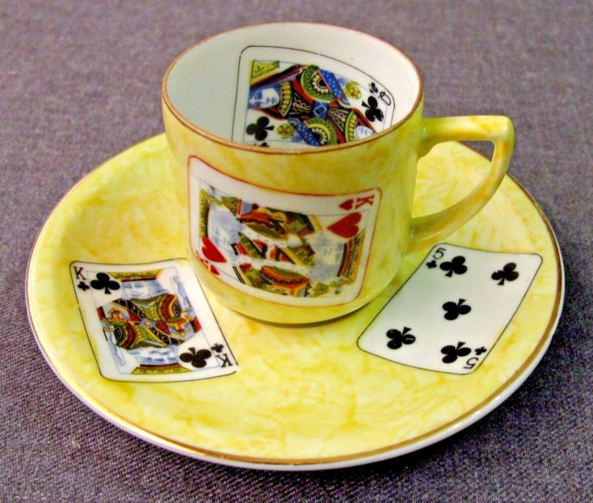 VINTAGE 60'S MADE IN BRAZIL POKER CARDS REAL PORCELAIN COFFEE CUP & SAUCERS #2