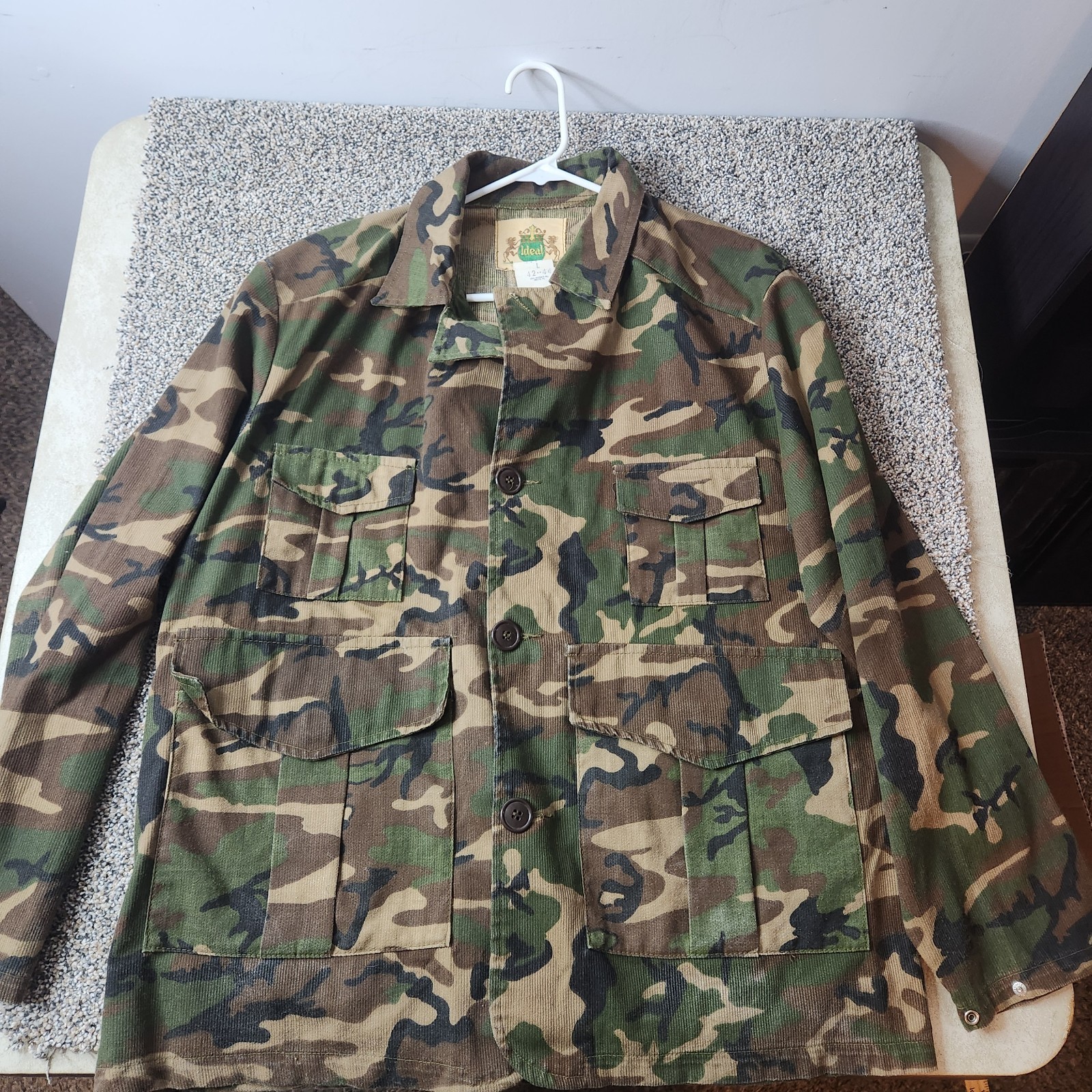 Vtg Ideal Brand Camo Hunting Jacket Military Button Up 5 Pocket Large
