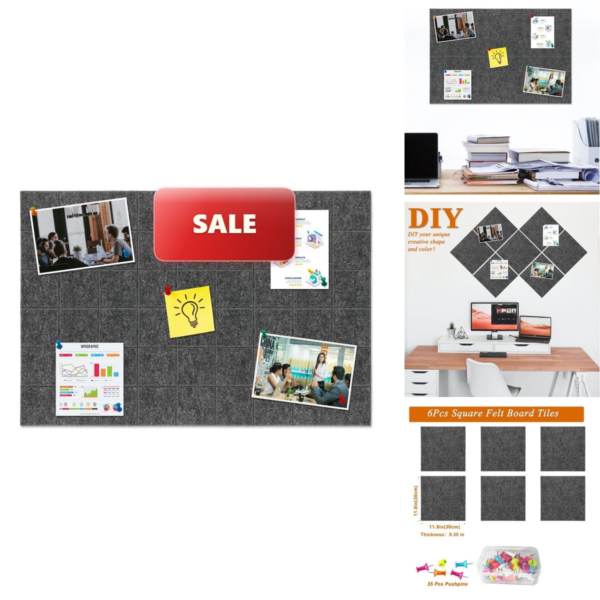 HULAVO Large Square Felt Cork Board Tiles, Self Adhesive DIY Felt Bulletin