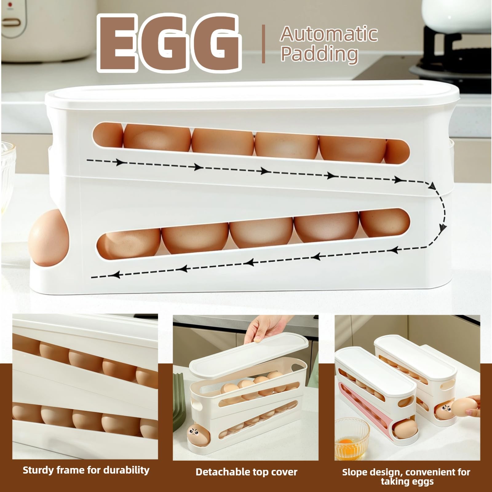 Egg Holder for Fridge, Automatic Rolling Egg Organizer for Refrigerator, Stac...