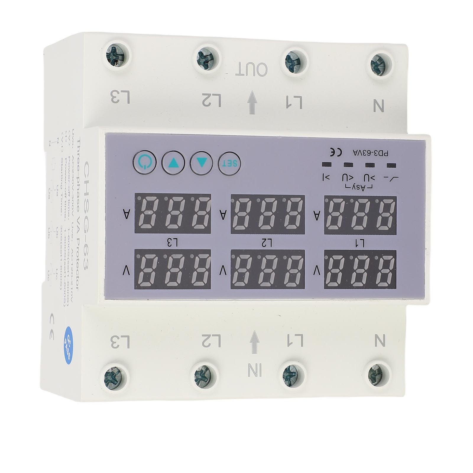 63A 3 Phase DIN Rail Voltmeter Ammeter Auto Overvoltage Overcurrent Protector AC