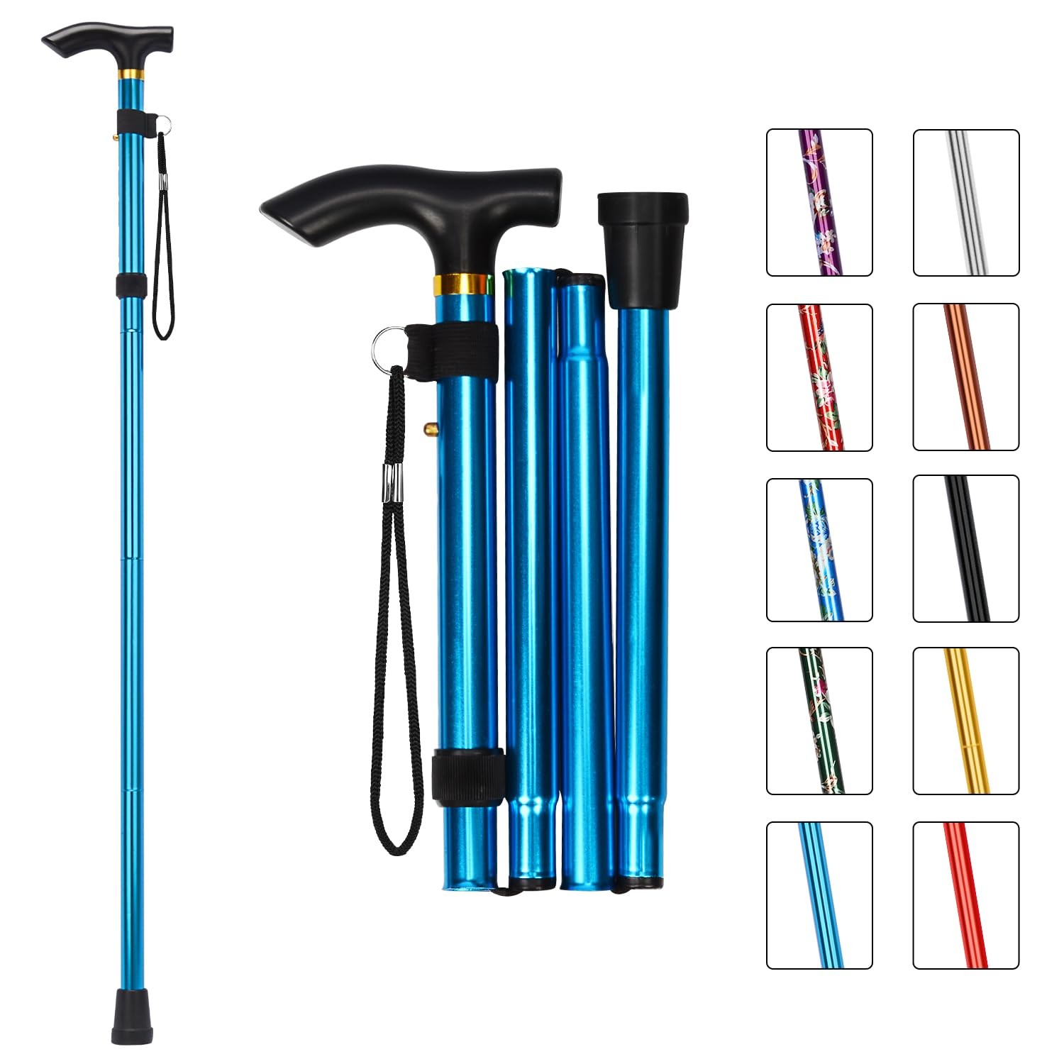 MFE Folding Cane, Portable 5-Level Adjustable Height Walking Stick with Blue