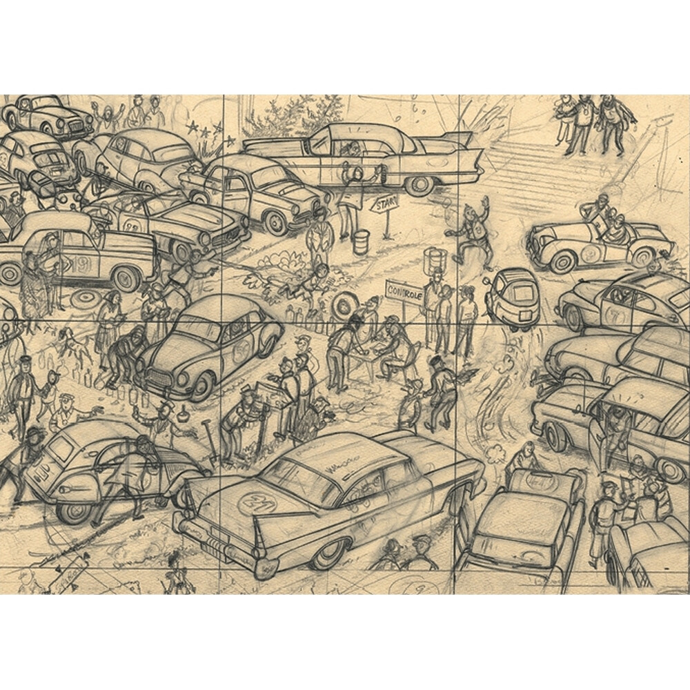Postcard Moulinsart Tintin CP Pencilé, Rallye automobile (17.5x12.5cm)