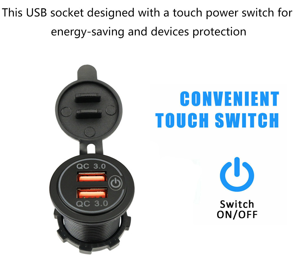 2PCS Car USB Outlet 12V Charger Socket 36W Dual QC3.0 USB Power Socket +Switch