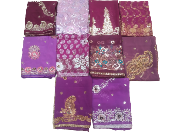 Antique Lot of 10 Indian Wedding Dupatta Golden Sequins Scarf Beaded Georgette L